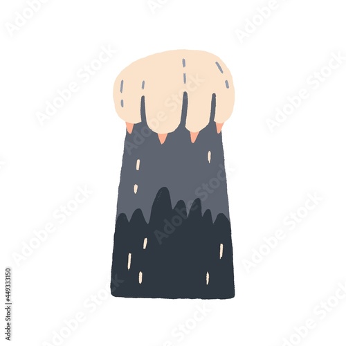 Cute cat paw with claws grabbing and capturing smth. Adorable kitty hunter hand hunting. Doodle feline animal foot taking smth. Colored flat vector illustration isolated on white background