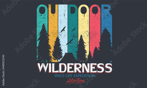 Outdoors colour blast retro graphic print design. Wild explore vector artwork for apparel and others.