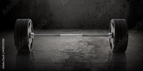 Barbell on Cement floor and concrete old Wall Background