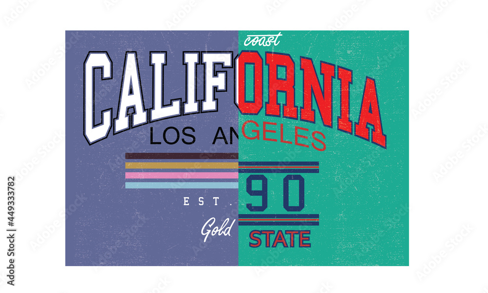 Plakat California typography block graphic print for t shirt. Beach college font colorful line artwork for apparel and others. Los angeles calligraphy front print design.