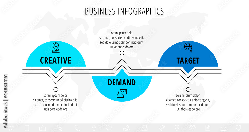Vector line infographics template for three arrows and icons. Business ...
