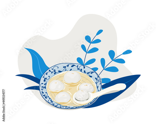 set of tang yuan or glutinous rice balls in a traditional style blue bowl with ginger soup, a spoon picked tang yuan from a bowl. Close up realistic hand drawing vector illustration. 