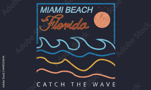 Miami beach florida line wave vector t shirt design. Summer vibes paradise apparel artwork.