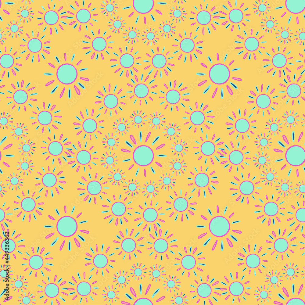 Vector seamless pattern colorful lined design of abstract lined sun in pastel colors on yellow