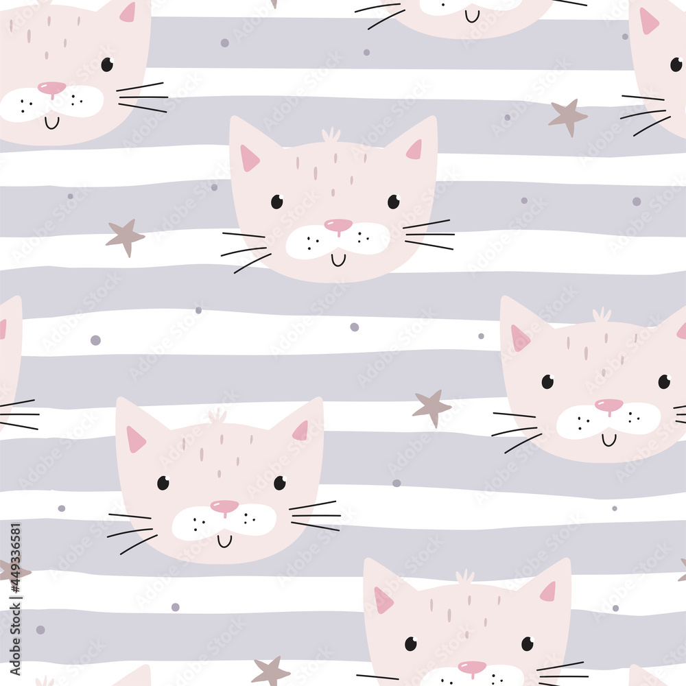 Seamless pattern with cute little baby cat. Vector print for baby shower. Printable templates