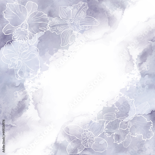 Floral background with orchids on watercolor. Can be greeting card, invitation, design element.