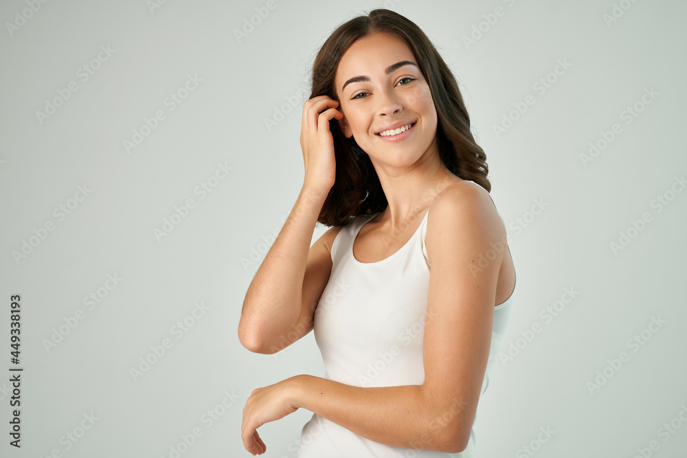 attractive brunette holding hair hairstyle care lifestyle isolated background attractive brunette holding hair hairstyle care lifestyle isolated background