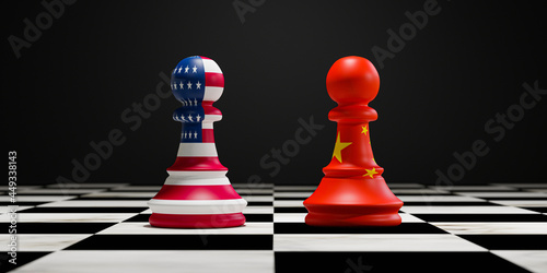 Photography USA flag and China flag print screen on pawn chess on chess board for competition of business trade war and military between both countries