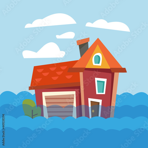 Cartoon house flooded with water. Flood and flood building and nature. Vector illustration in cartoon children s style. Funny clipart of a disaster. Cute print