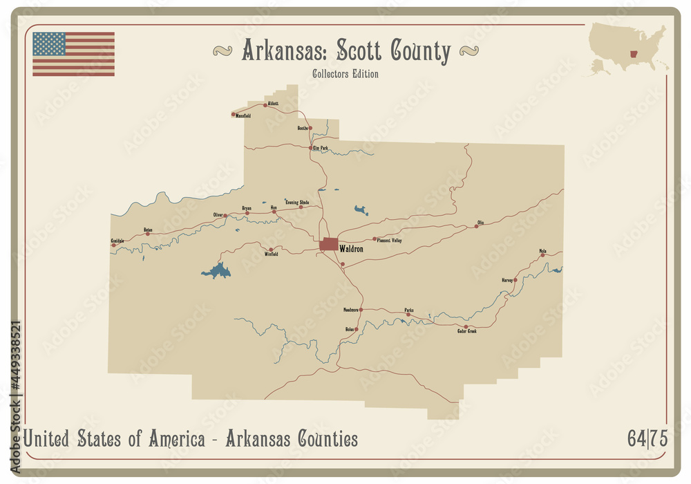 Fototapeta Map on an old playing card of Scott county in Arkansas, USA.