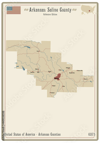 Map on an old playing card of Saline county in Arkansas, USA.