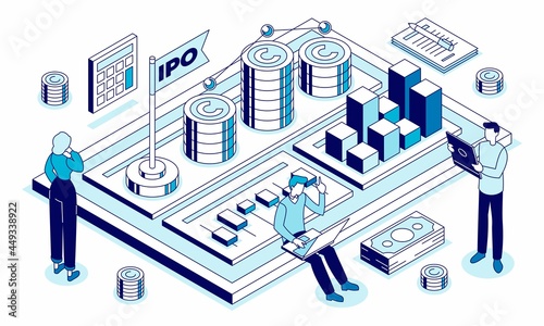 Isometric vector illustration of IPO - public offering in which shares of a company