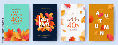 Autumn Sale background, banner, or flyer design. Set of colorful autumn posters with bright beautiful leaves frame, paper cut style letters and lettering. Template for advertising, web, social media photo
