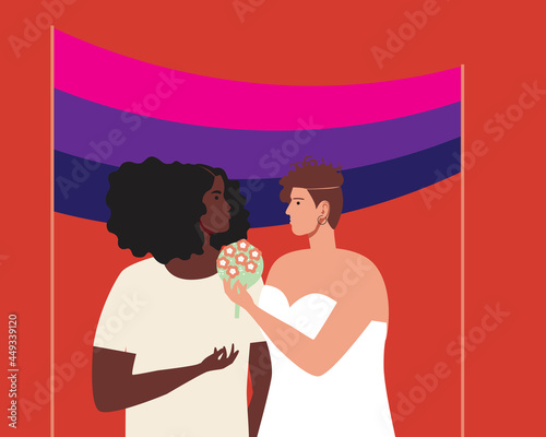Wedding of bisexual people, flag bisexuality, flat vector stock illustration with adult bisexuals, tolerance and rights of LGBTQ people