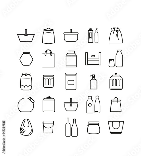 Collection de boites, sacs, pots et bouteilles, pour conditionnement nourriture dans les épiceries en vrac photo