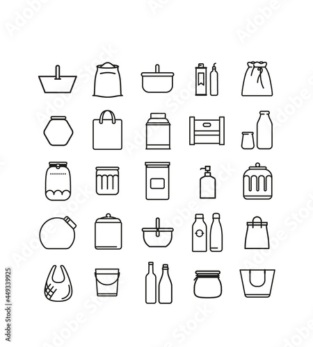 Collection de boites, sacs, pots et bouteilles, pour conditionnement nourriture dans les épiceries en vrac