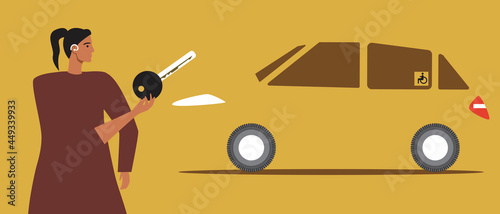 Deaf Driver, Wheelchair Car, Flat Vector Stock Illustration with Inclusive Motorist or Disabled Person with Hearing Aid