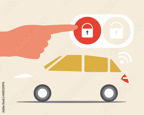 Keychain car lock, Flat vector stock illustration with car opening by keyfob or Smart lock