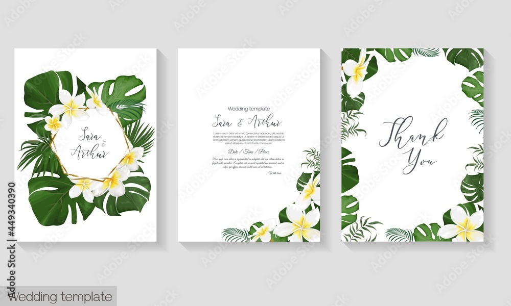 Vector tropical wedding invitation template. White plumeria, frangipani, monster, palm leaves, tropical plants and leaves. All elements can be isolated from each other
