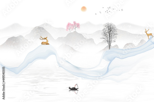 Fototapeta Naklejka Na Ścianę i Meble -  New Chinese Abstract smoke landscape painting background