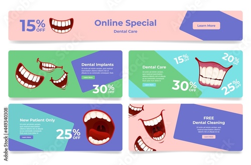 Collection of dental special offer landing page vector flat dentistry medical service promotion
