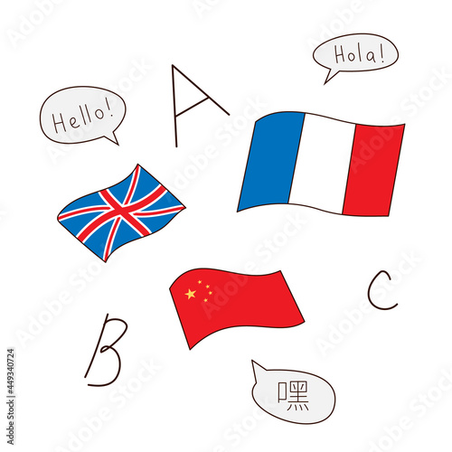Flags of the countries of the world in popular languages. Greetings. English, Spanish, Chinese. Colored isolated illustrations in cartoon style on a white background.