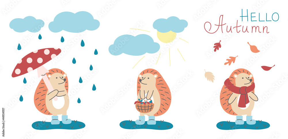 Cute hedgehogs collection. Autumn concept with funny animals. Rain, sunny, fall.