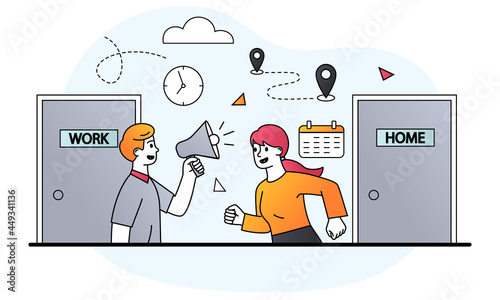 Businessman return to work concept. Reopen economy after Coronavirus lockdown. Woman runs to work in office after removal of restrictions on Covid 19. Cartoon doodle flat vector illustration