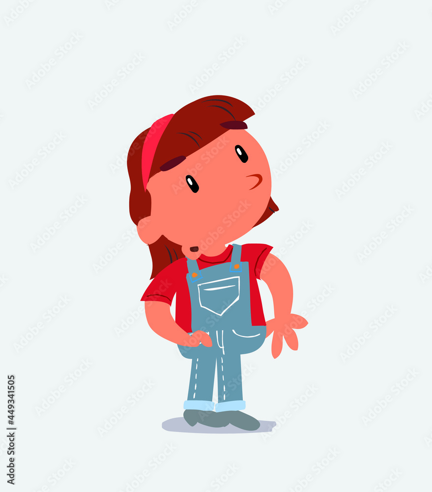 cartoon character of little girl on jeans looks with doubt and somewhat surprised. cartoon character of little girl on jeans looks with doubt and somewhat surprised.