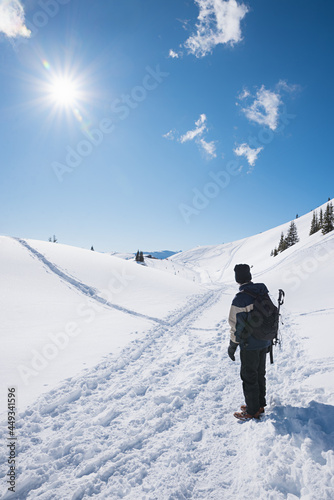 winter hiker at snowy footpath Rofan alps, bright sunshine, vertical shot
