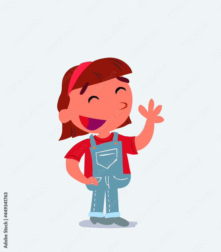 cartoon character of little girl on jeans waving informally while smiling. cartoon character of little girl on jeans waving informally while smiling.