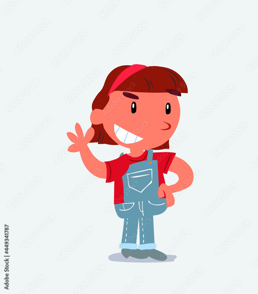cartoon character of little girl on jeans waving while smiling.