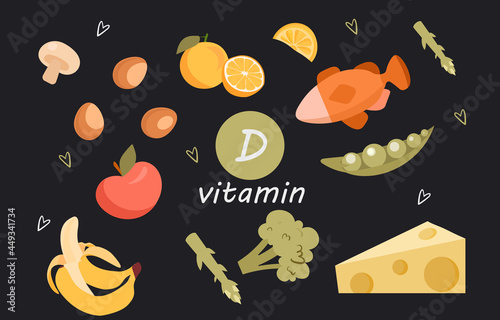 Collection of vitamin D sources. Food enriched with calciferol. Healthy and delicious food products. Seafood, vegetables, fruits, proteins and dairy products. Cartoon flat vector illustration