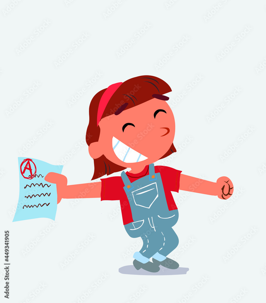 Fototapeta premium happy cartoon character of little girl on jeans rejoices with exam in hand.