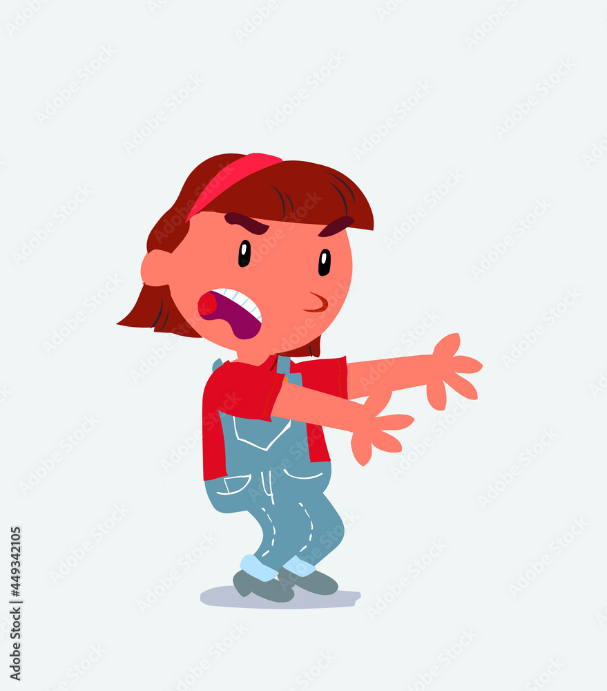 Very angry cartoon character of little girl on jeans pointing at something at side.