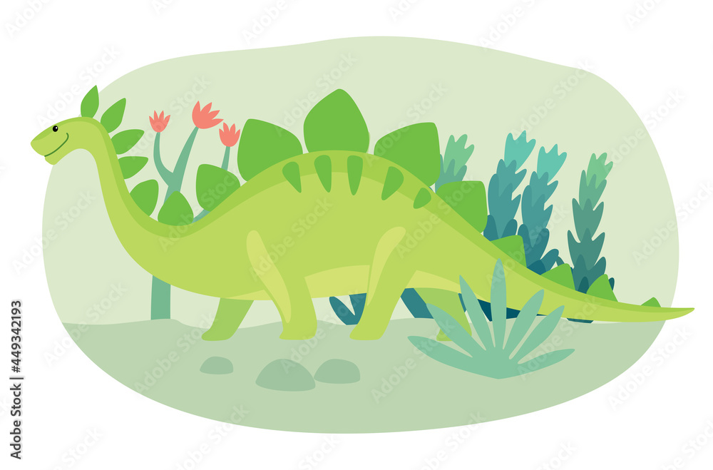 Fototapeta premium Green cartoon cute dinosaur walks through the primeval forest. Vector graphics