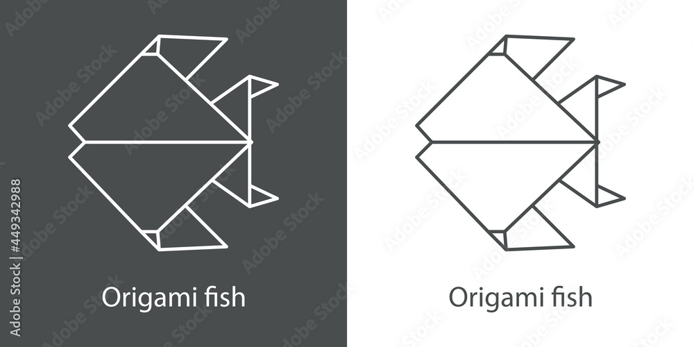 Logo pez de papel estilo origami con lineas en fondo gris y fondo blanco Logo pez de papel estilo origami con lineas en fondo gris y fondo blanco
