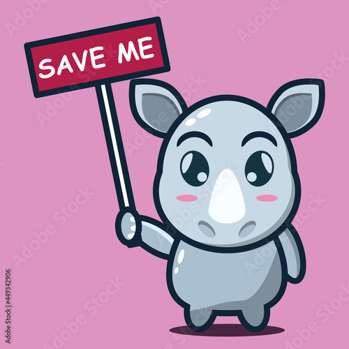 vector illustration of cute 
rhino holding a sign that says save me