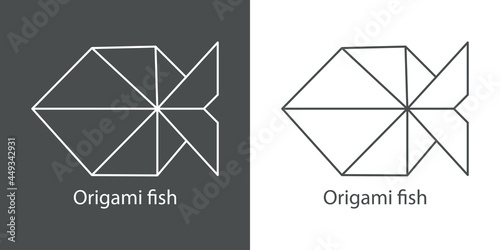 Logo pez de papel estilo origami con lineas en fondo gris y fondo blanco