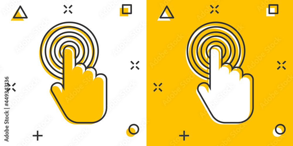 Vector cartoon click hand icon in comic style. Cursor finger sign illustration pictogram. Pointer business splash effect concept. Vector cartoon click hand icon in comic style. Cursor finger sign illustration pictogram. Pointer business splash effect concept.