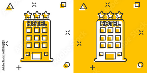 Vector cartoon hotel icon in comic style. Tower sign illustration pictogram. Hotel apartment business splash effect concept.