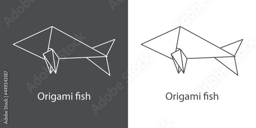 Logo pez de papel estilo origami con lineas en fondo gris y fondo blanco