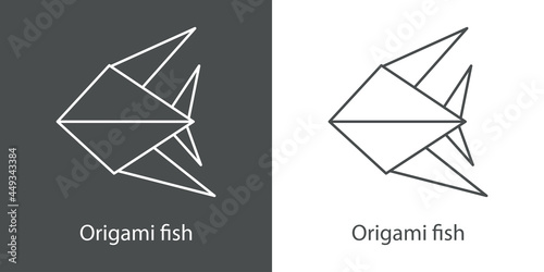 Logo pez de papel estilo origami con lineas en fondo gris y fondo blanco