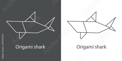 Logo tiburón de papel estilo origami con lineas en fondo gris y fondo blanco