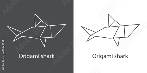Logo tiburón de papel estilo origami con lineas en fondo gris y fondo blanco