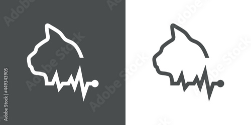 Asistencia sanitaria para mascotas. Logotipo lineal silueta de cabeza de gato con pulso cardíaco en fondo gris y fondo blanco