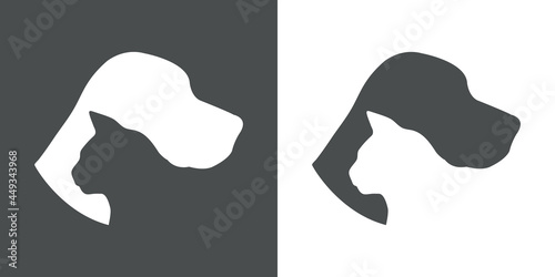 Cuidado de mascotas. Logotipo con silueta de cabeza de perro y cabeza de gato en fondo gris y fondo blanco