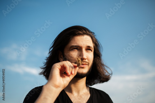 Close-up portrait of young man with long hair holding wheat spike in mouth.