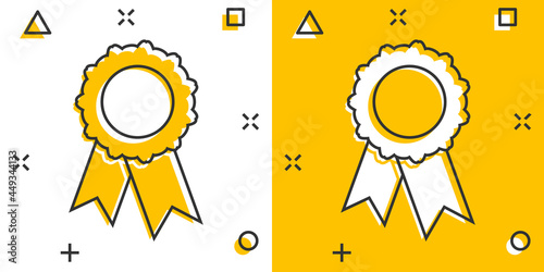 Vector cartoon badge with ribbon icon in comic style. Award medal sign illustration pictogram. Champion business splash effect concept.