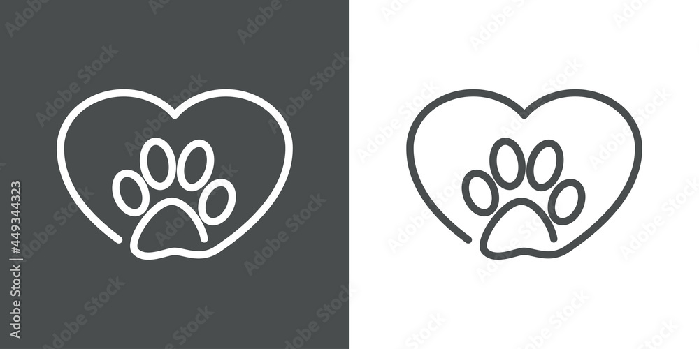 Asistencia sanitaria para mascotas. Logotipo lineal zarpa de gato con corazón en fondo gris y fondo blanco